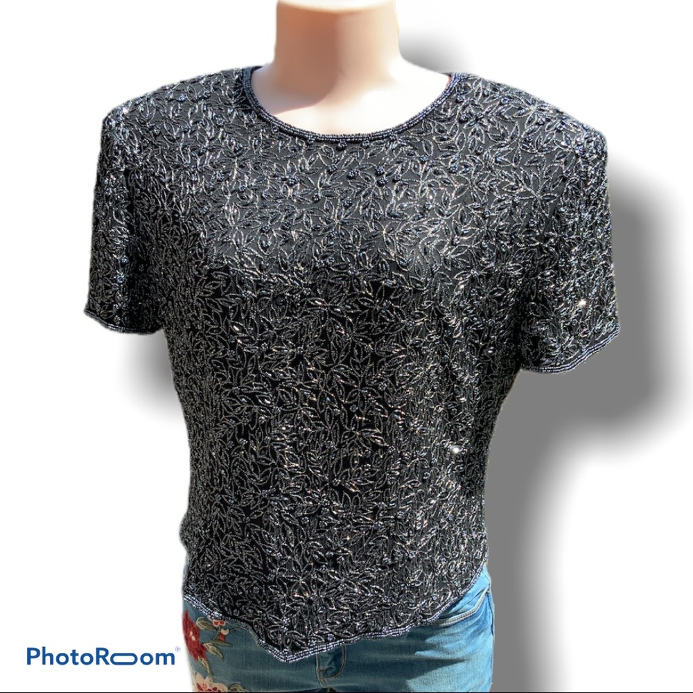 Papell Boutique Black Beaded Short Sleeve Blouse